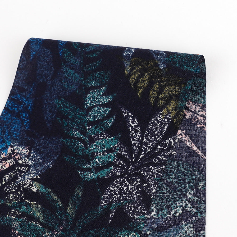 Layered Leaves Rayon Challis - Navy